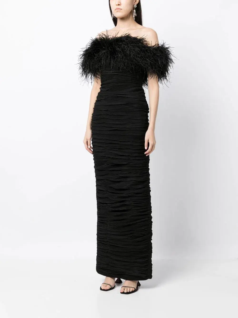 Rachel Gilbert Zion Feather Trim Ruched Gown Black Size 10 - Image 1