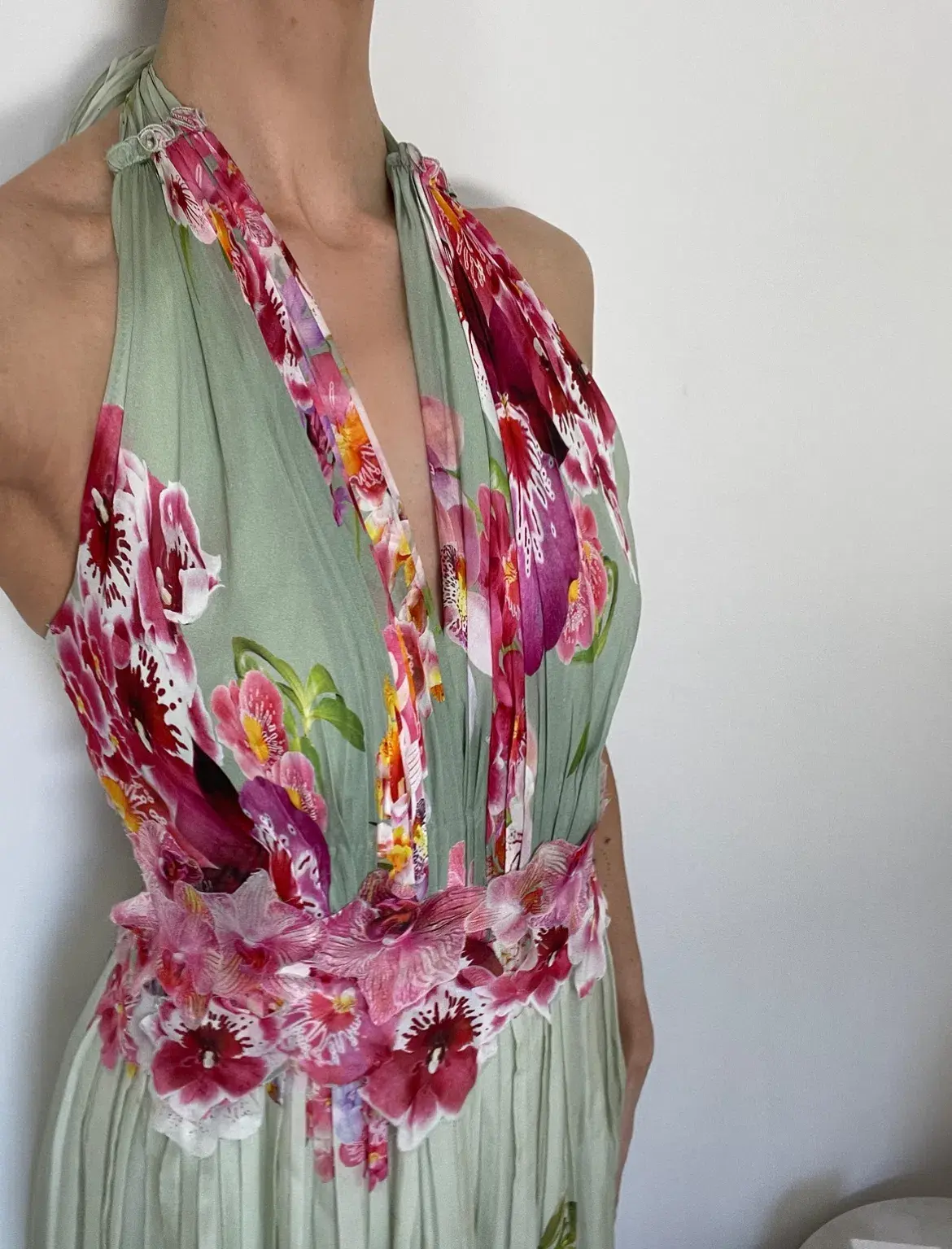 Alberta Ferretti Silk Floral Dress Green Size 8 - Image 2