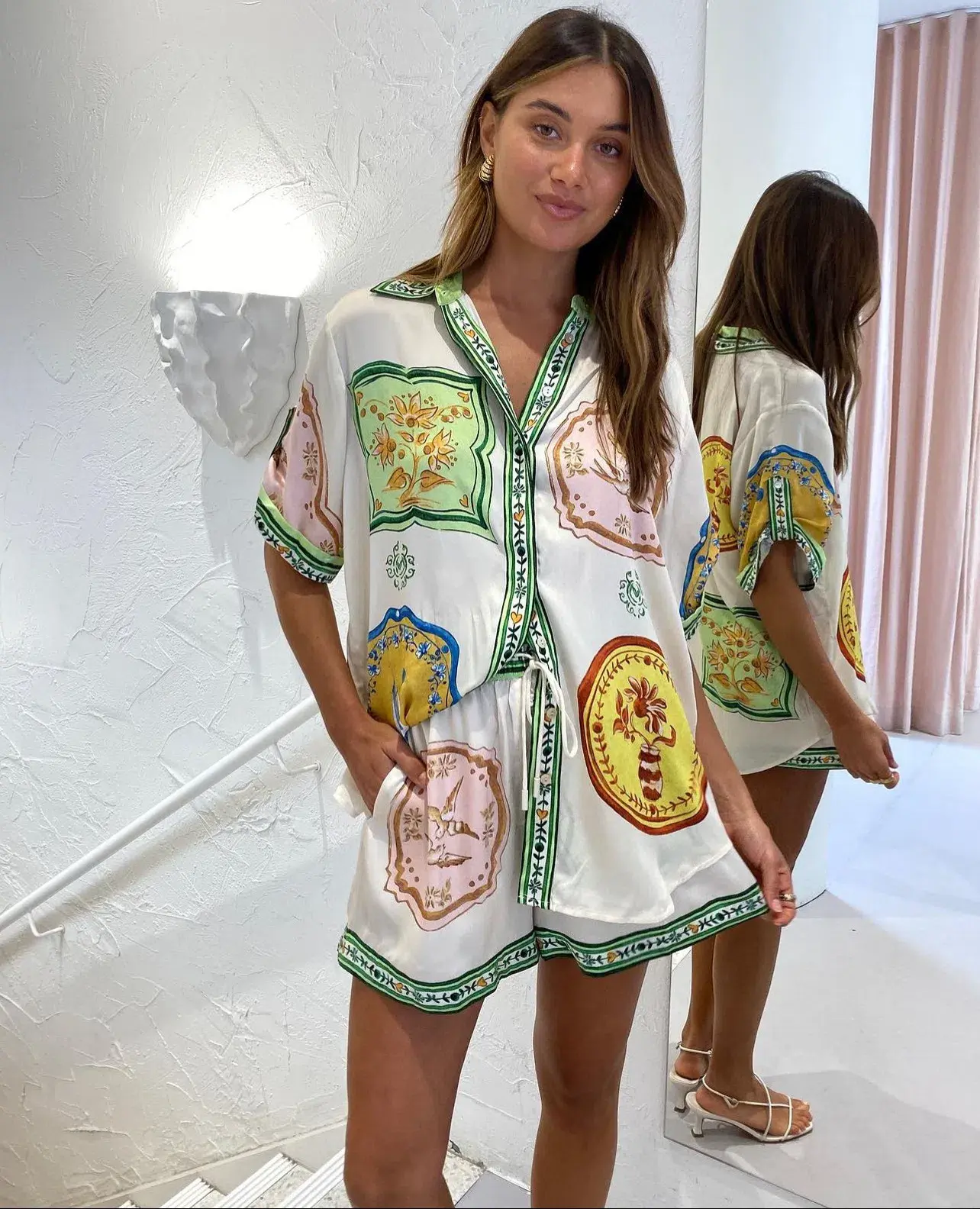 Alemais Porcelain Silk Shirt Size 8 and Short Size 10 Set Multi - Image 3