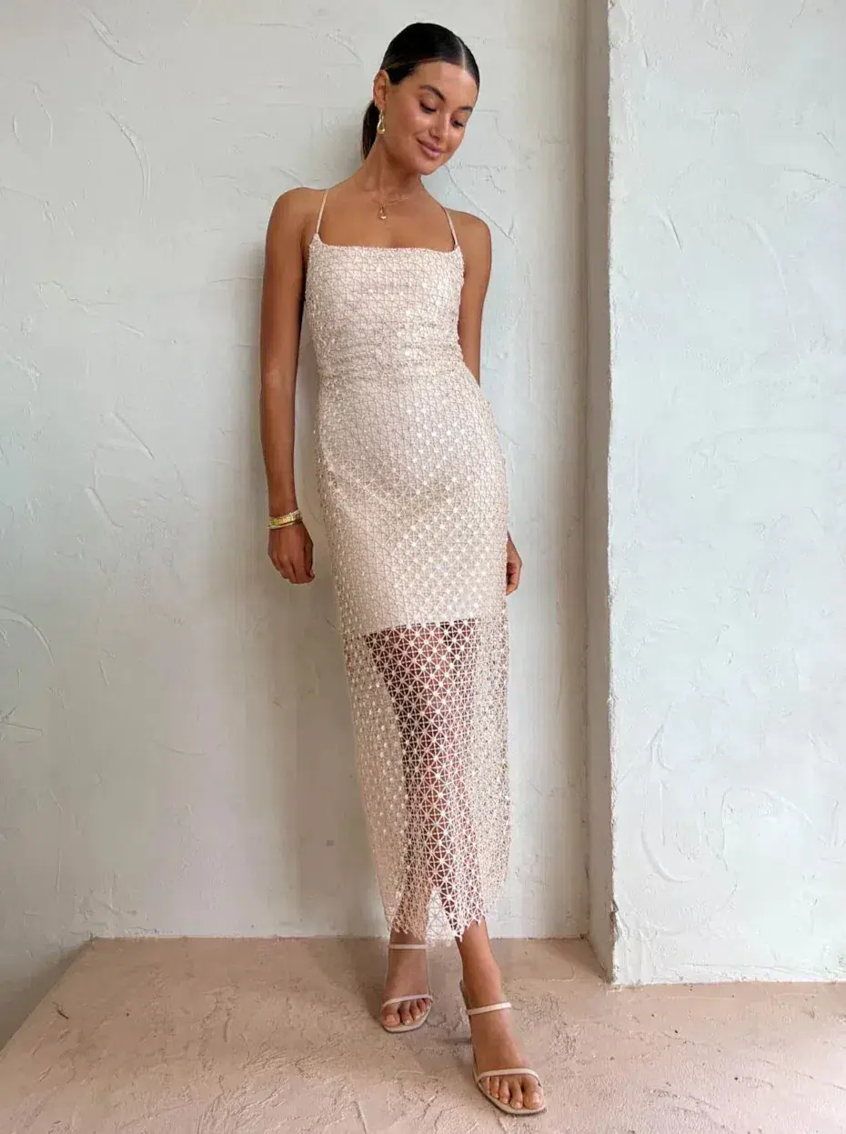 Manning Cartell Crochet Sequin Slip Dress in Buff Size AU 6  - Image 1