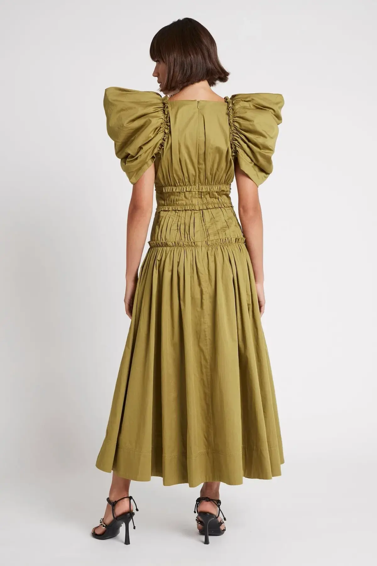 Aje Frequency Puff Butterfly Sleeve Midi Dress Khaki Size 8 - Image 3