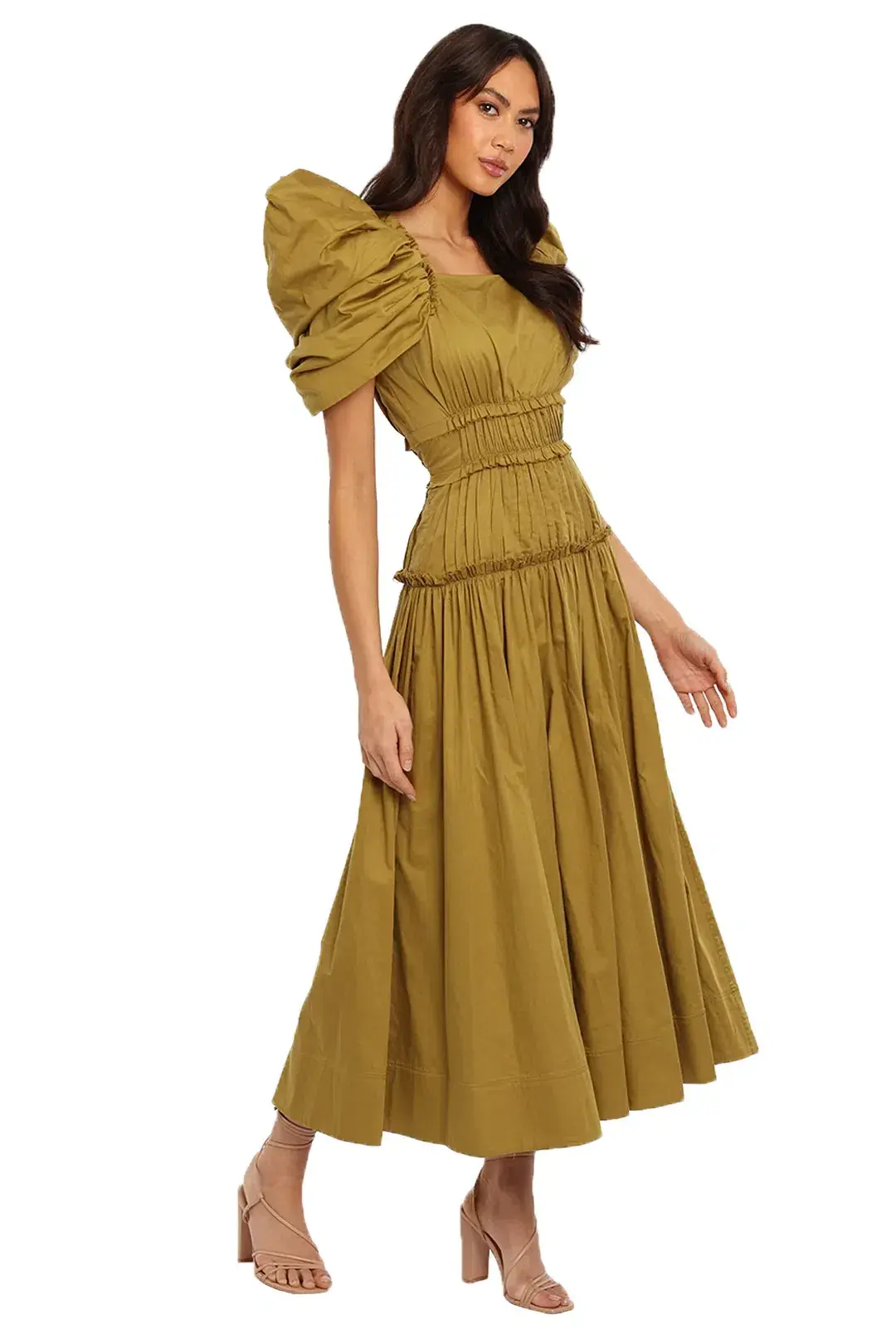 Aje Frequency Puff Butterfly Sleeve Midi Dress Khaki Size 8 for rent on The Volte - main image