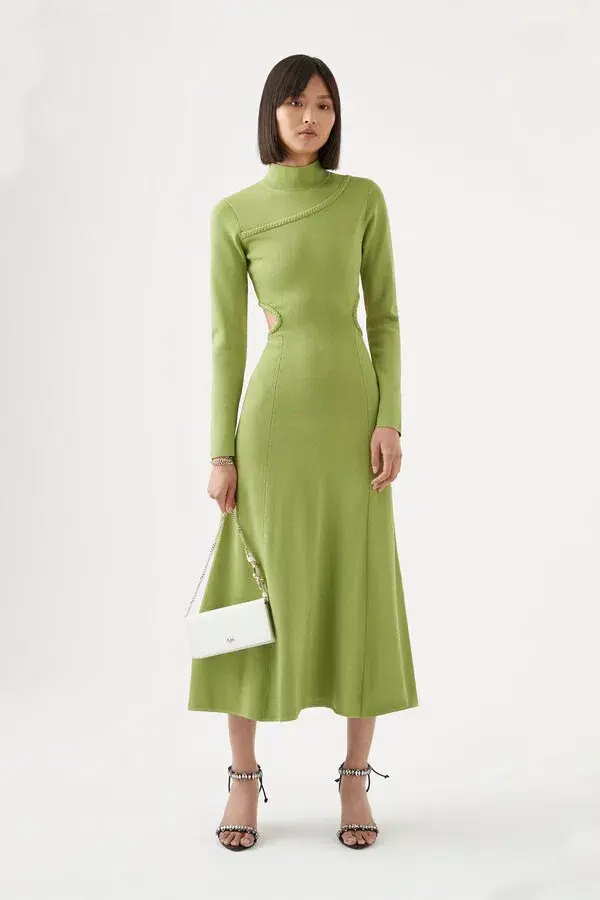 Aje Amelie Braided Cut Out Knit Dress Green Size L/ AU 12 for rent on The Volte - main image