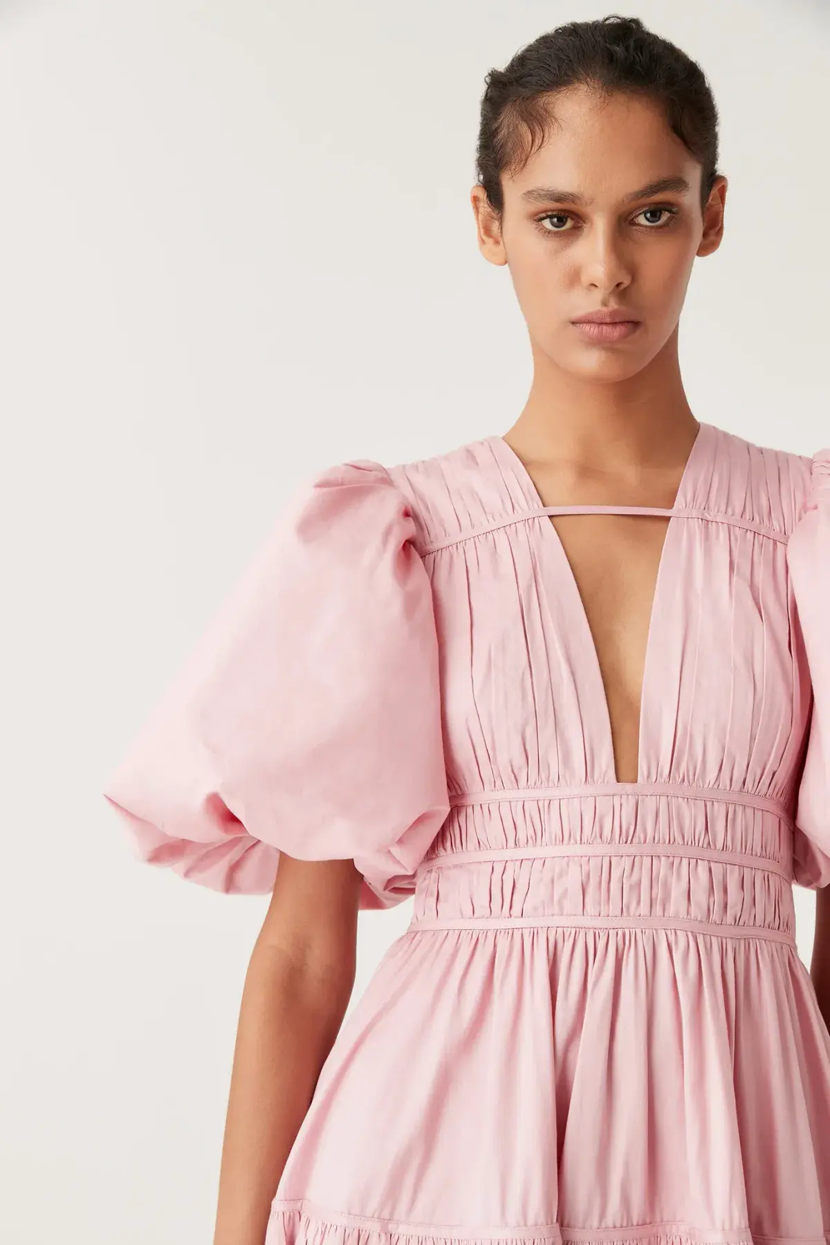 Aje Fallingwater Ruched Midi Dress in Chalk Pink Size AU 12 - Image 3