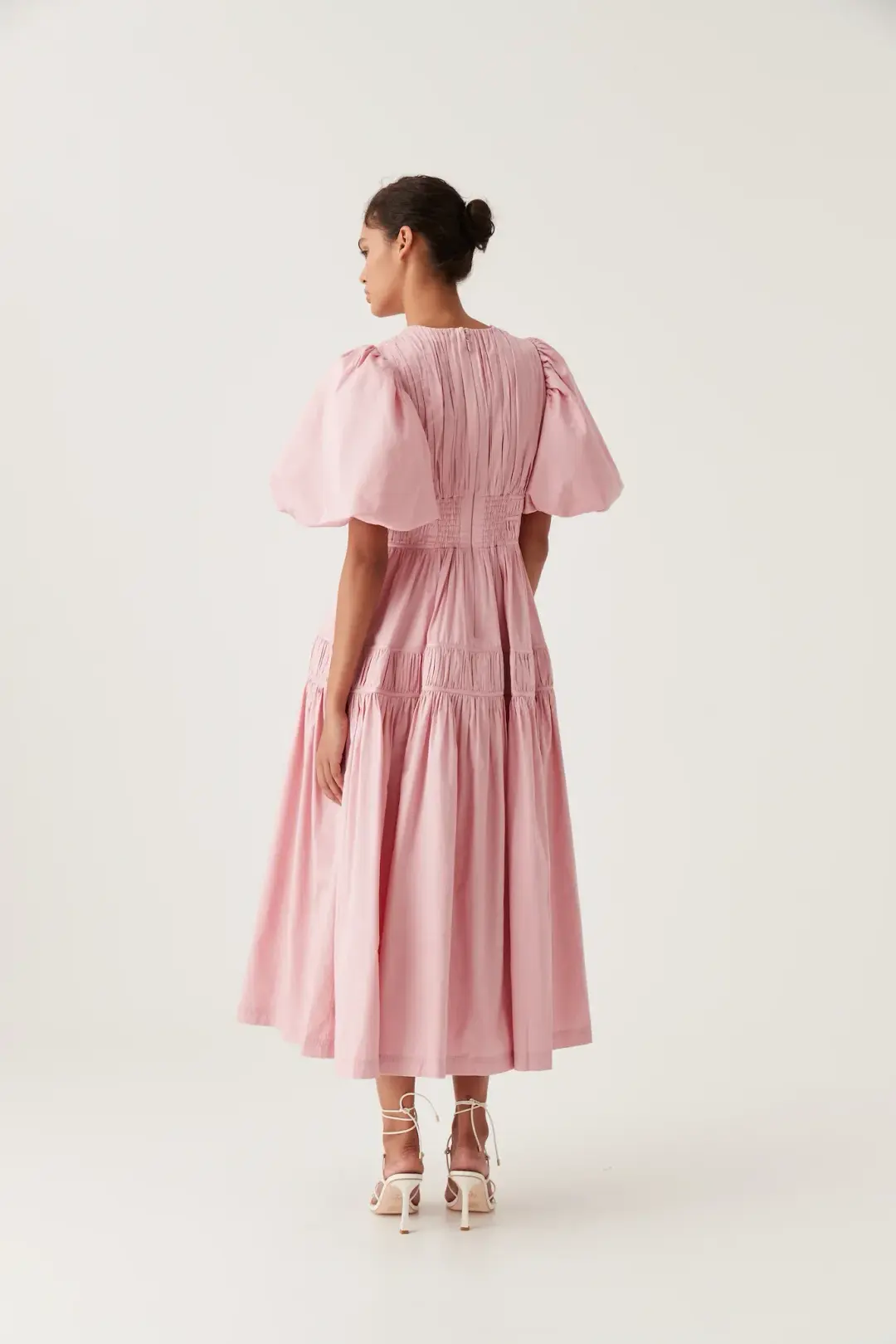 Aje Fallingwater Ruched Midi Dress in Chalk Pink Size AU 14 for rent on The Volte - main image