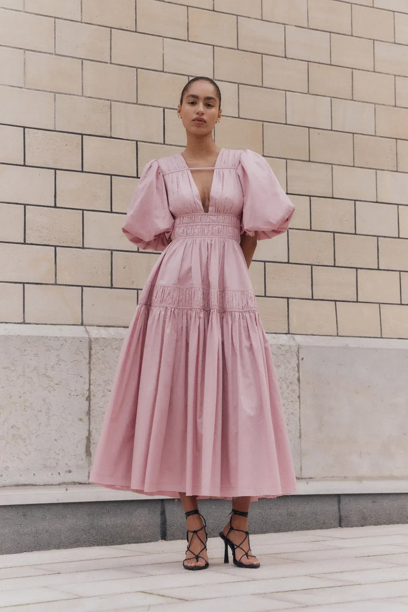 Aje Fallingwater Ruched Midi Dress in Chalk Pink Size AU 14 - Image 1
