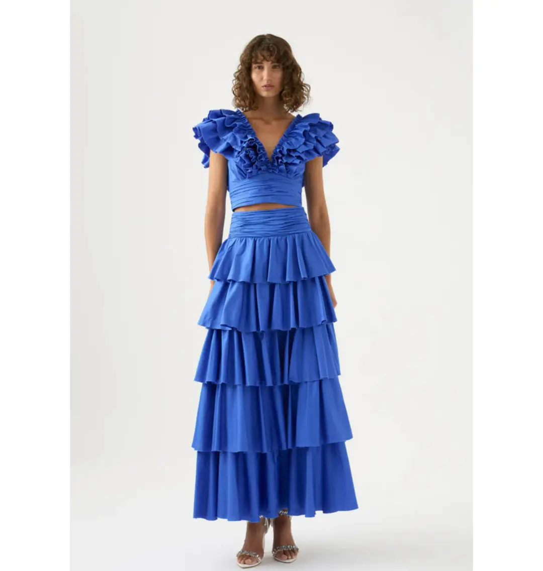 Aje Rhythmic Frill Bodice Size AU 8 & Eleni Tiered Maxi Skirt Size AU 10 Set Blue for rent on The Volte - main image