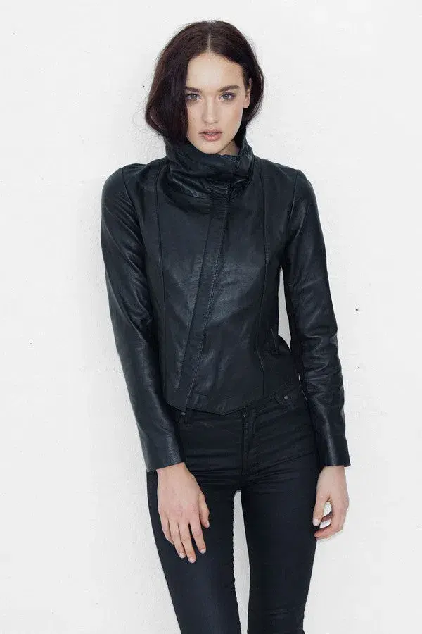 White Suede Leather Tumble Jacket Matt Black Size 6 - Image 1