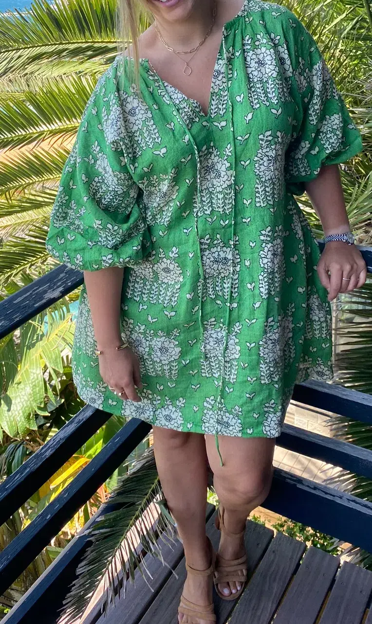Oroton Full Sleeve Posie Print Mini Sun Dress Green Floral Size 12 for rent on The Volte - main image
