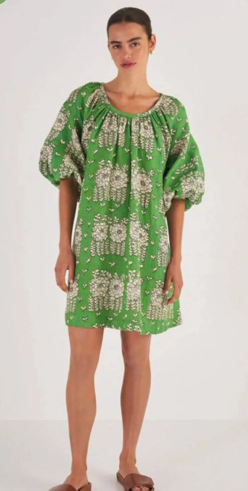 Oroton Full Sleeve Posie Print Mini Sun Dress Green Floral Size 12 for rent on The Volte - main image