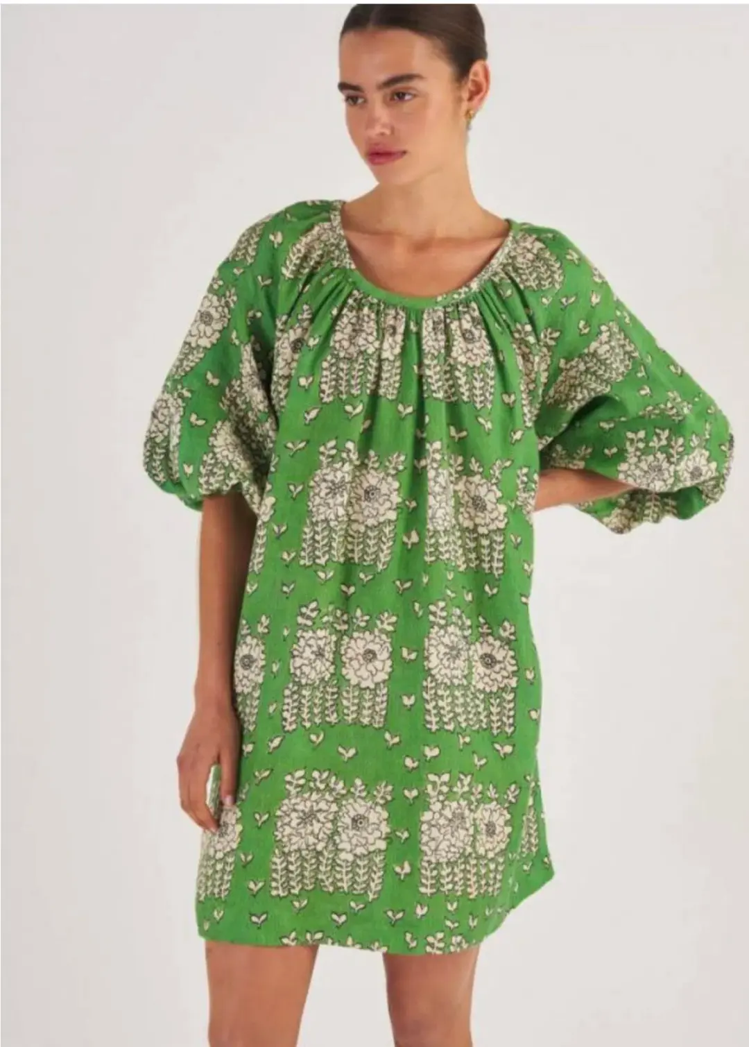 Oroton Full Sleeve Posie Print Mini Sun Dress Green Floral Size 12 for rent on The Volte - main image