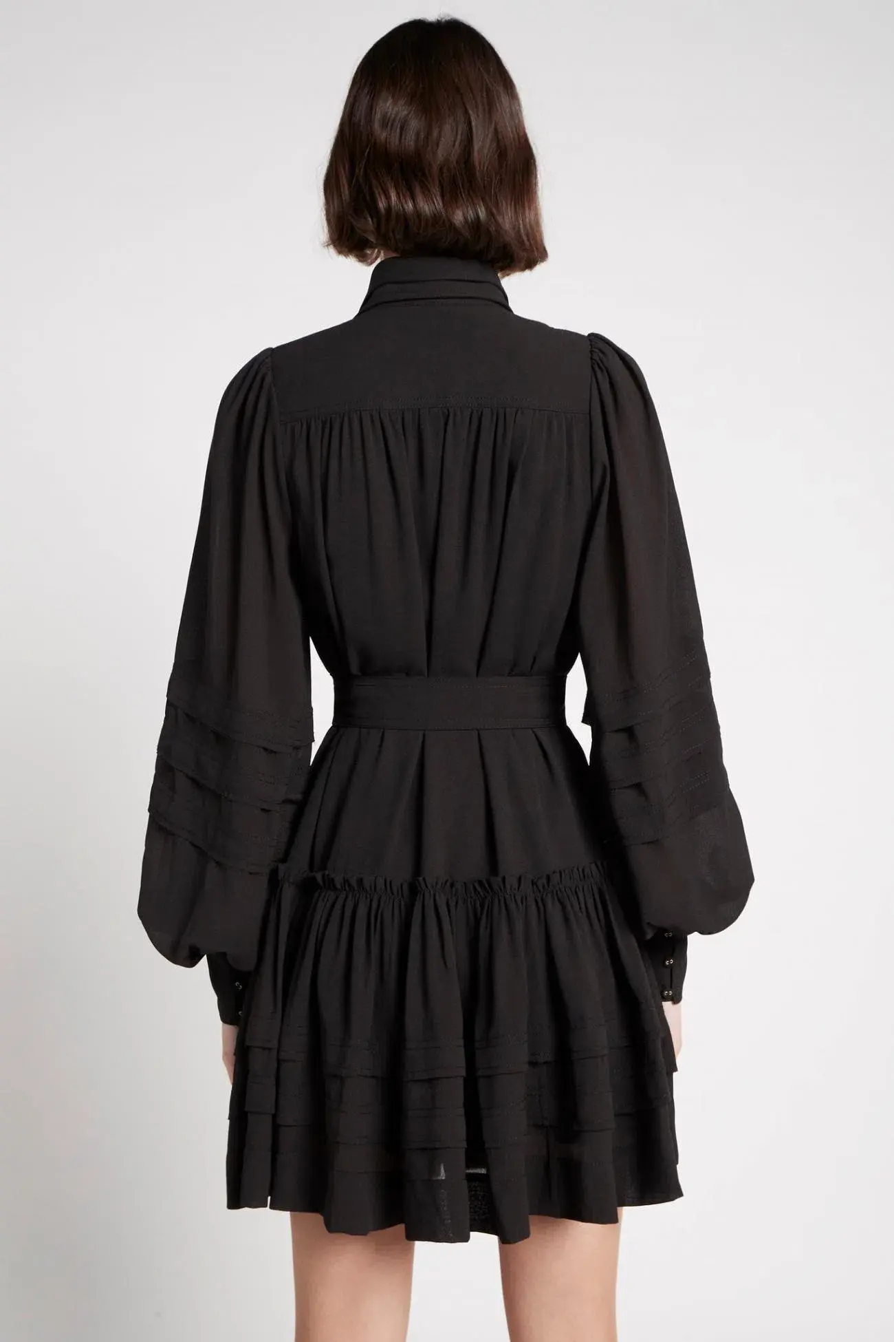 Aje Aurora Belted Trim Puff Sleeve Mini Shirt Dress Black Size 8 - Image 3