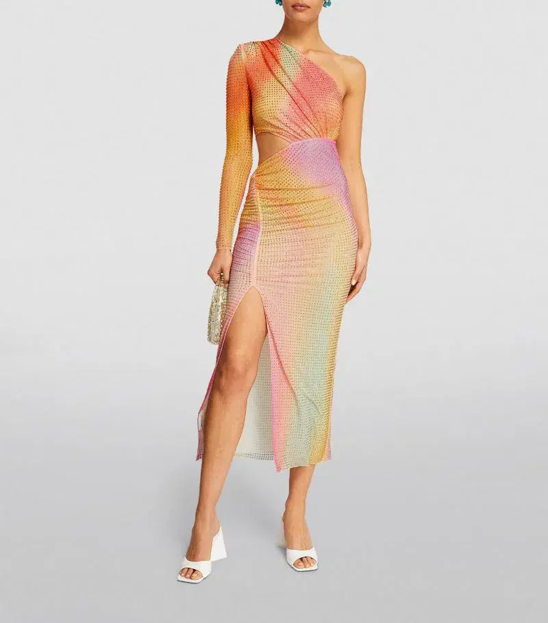 Self-Portrait Rhinestone Embellished One Shoulder Midi Dress Multi Size XS / AU 6 - Image 2