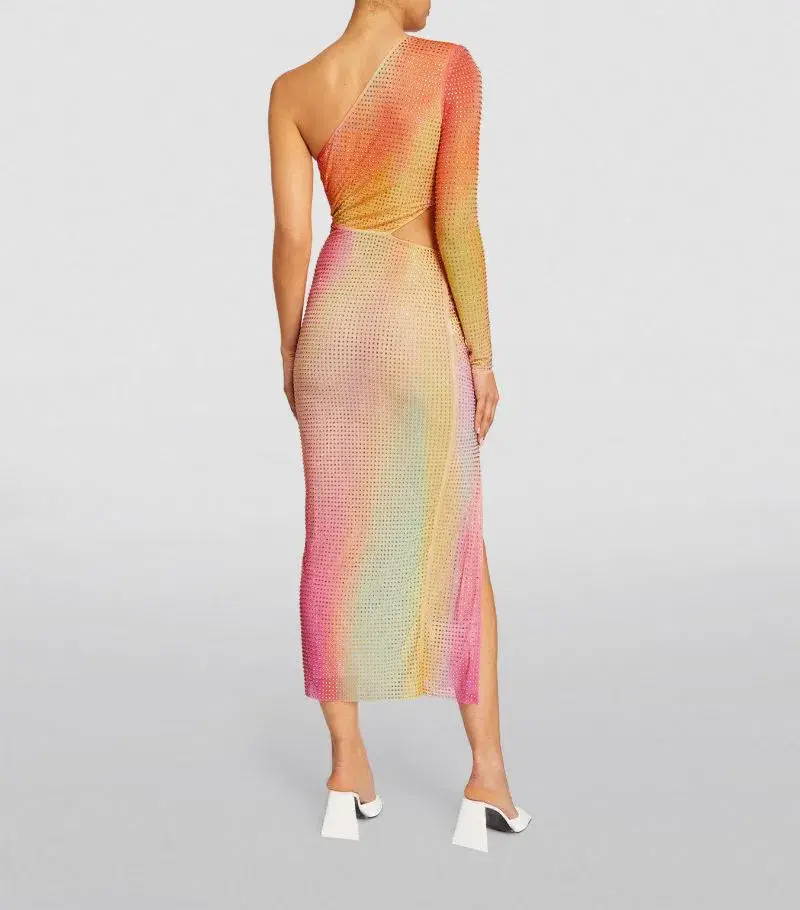 Self-Portrait Rhinestone Embellished One Shoulder Midi Dress Multi Size XS / AU 6 - Image 4
