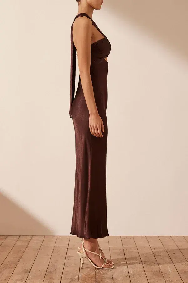 Shona Joy Lana Ruched Halter Midi Dress in Cocoa Size 14 - Image 2