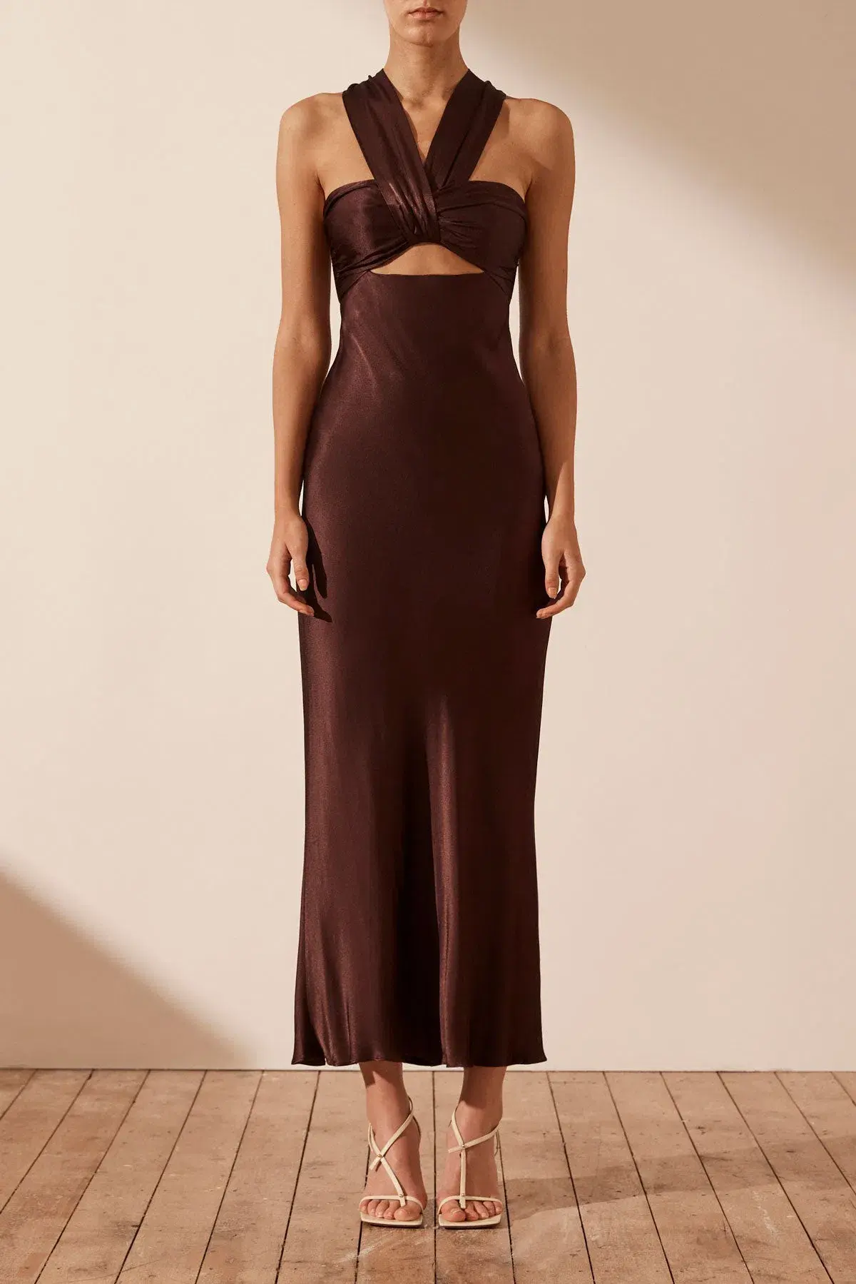 Shona Joy Lana Ruched Halter Midi Dress in Cocoa Size 14 - Image 1
