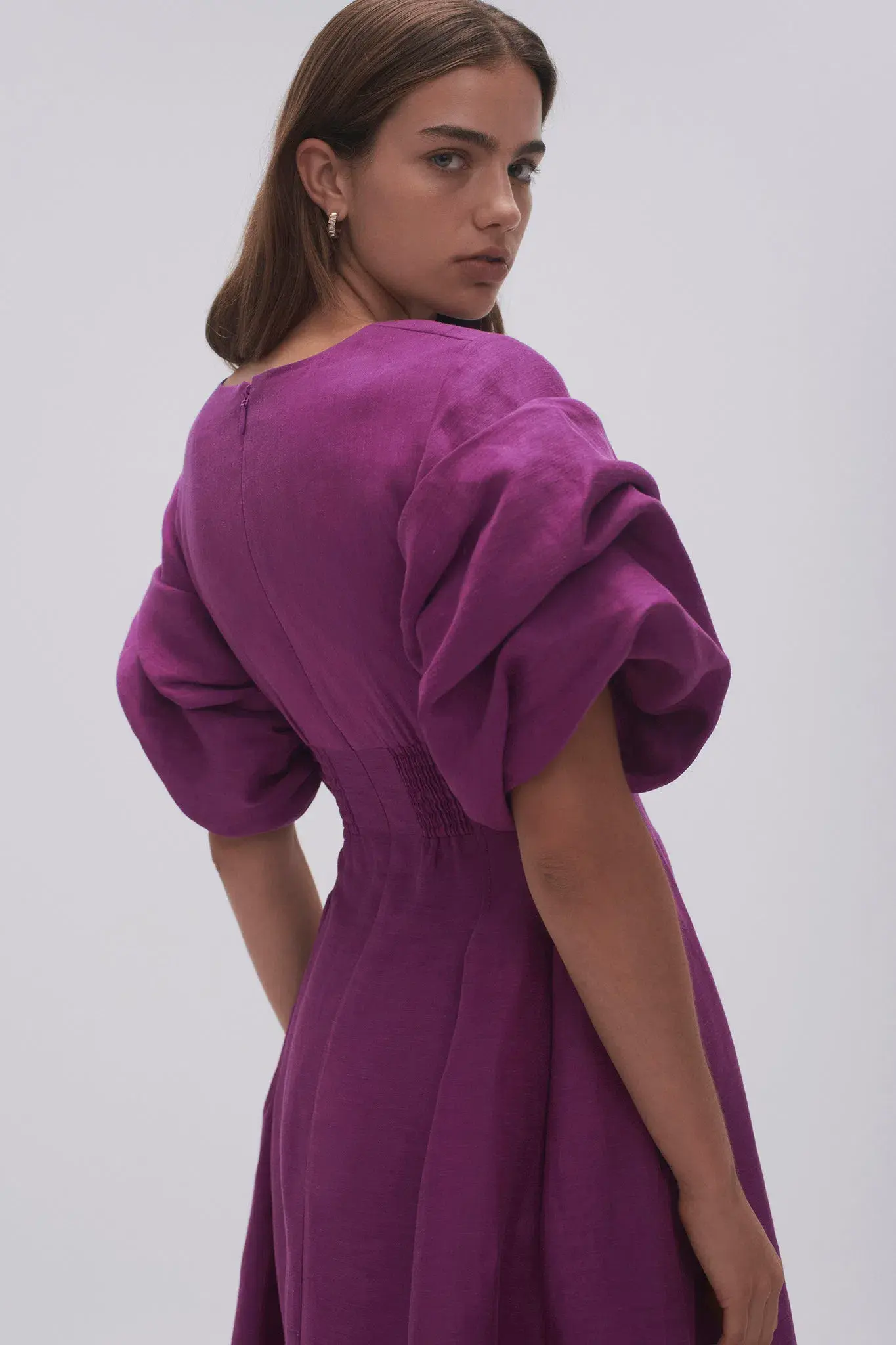 Aje Adelie Puff Sleeve Midi Dress Plum Purple Size 6 - Image 3