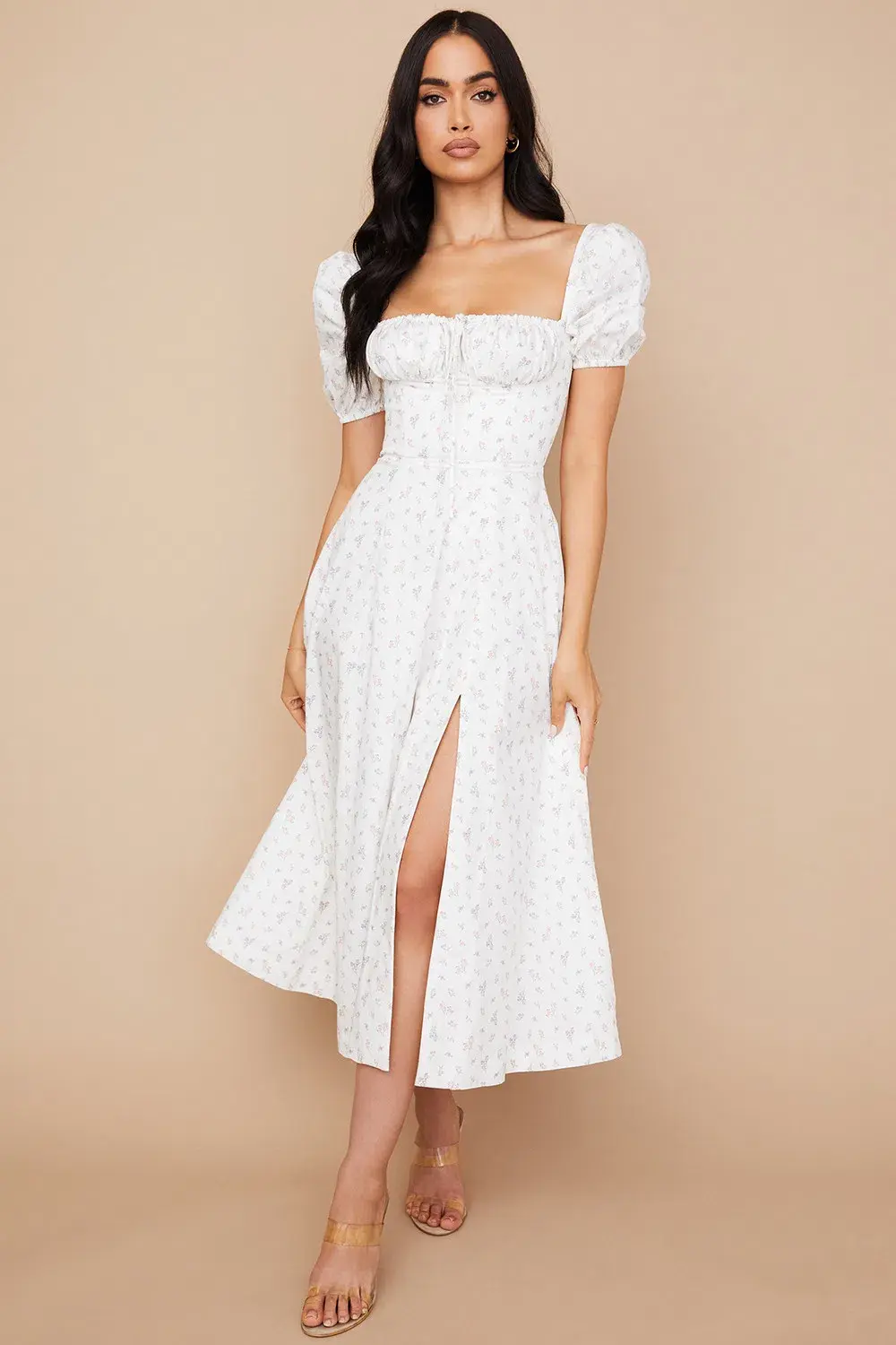 House of CB Tallulah White Floral Puff Sleeve Midi Dress XS / Au 6 - Image 5