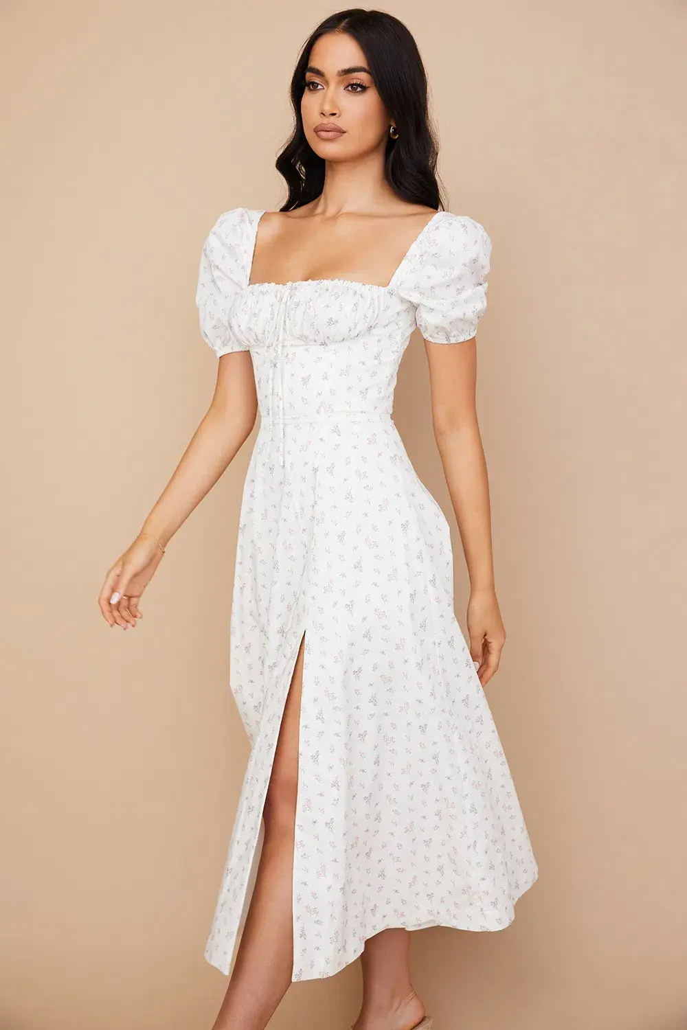 House of CB Tallulah White Floral Puff Sleeve Midi Dress XS / Au 6 - Image 6