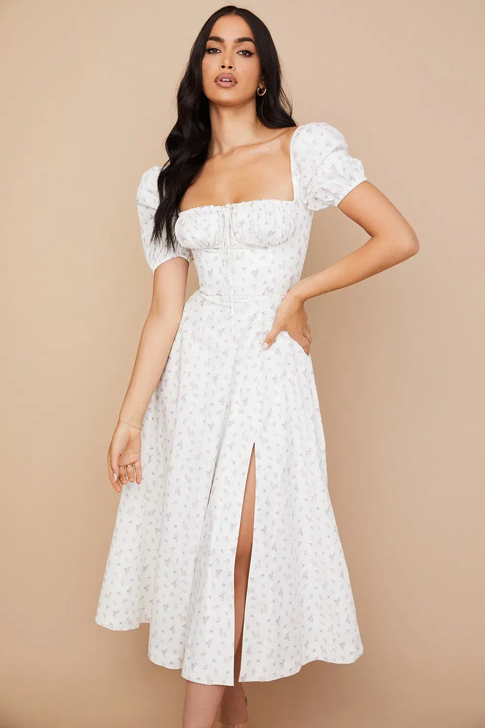 House of CB Tallulah White Floral Puff Sleeve Midi Dress XS / Au 6 - Image 4