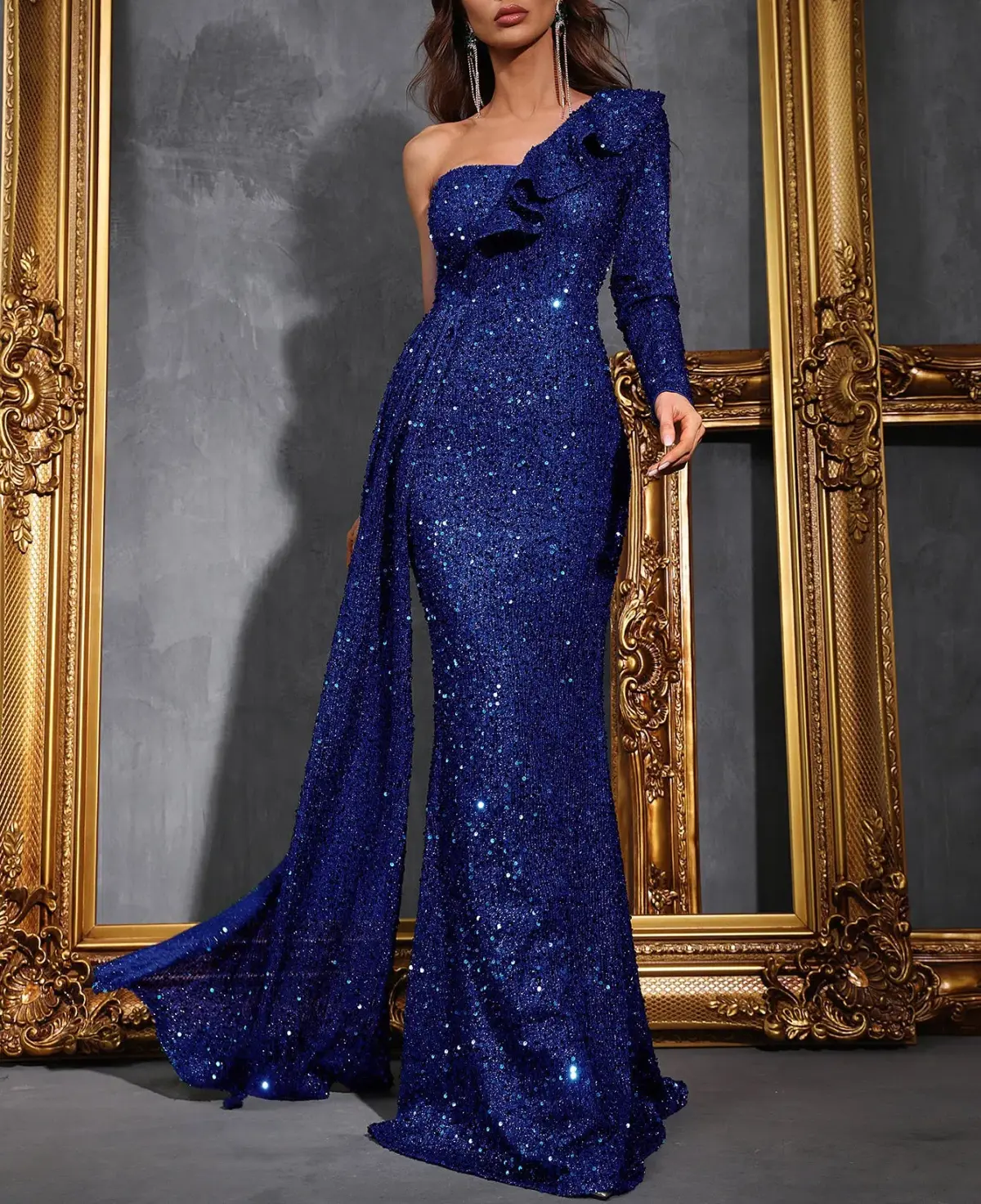 Glamorous One Shoulder Sequence Gown Blue Size 6 - Image 1