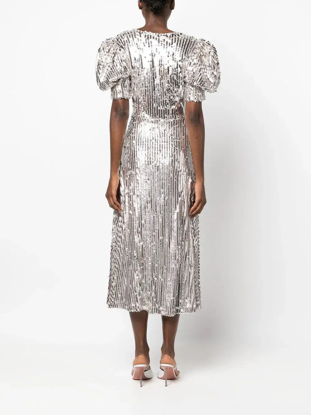 Rotate Puff Sleeve Sequin Midi Dress Silver Size 34/ AU 6 - Image 3