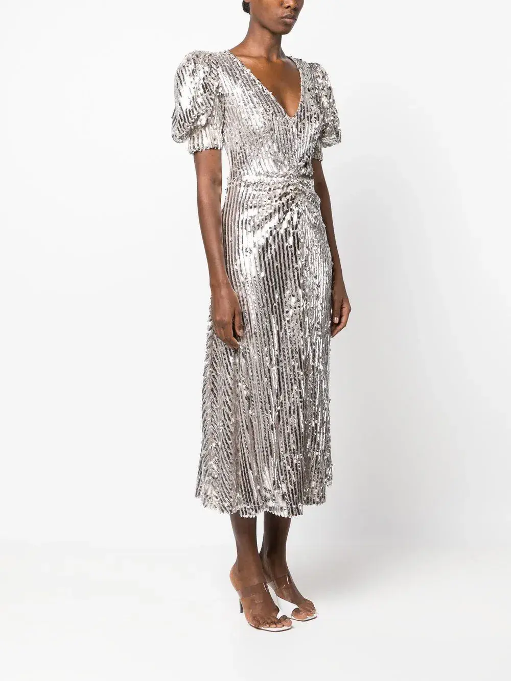 Rotate Puff Sleeve Sequin Midi Dress Silver Size 34/ AU 6 - Image 2