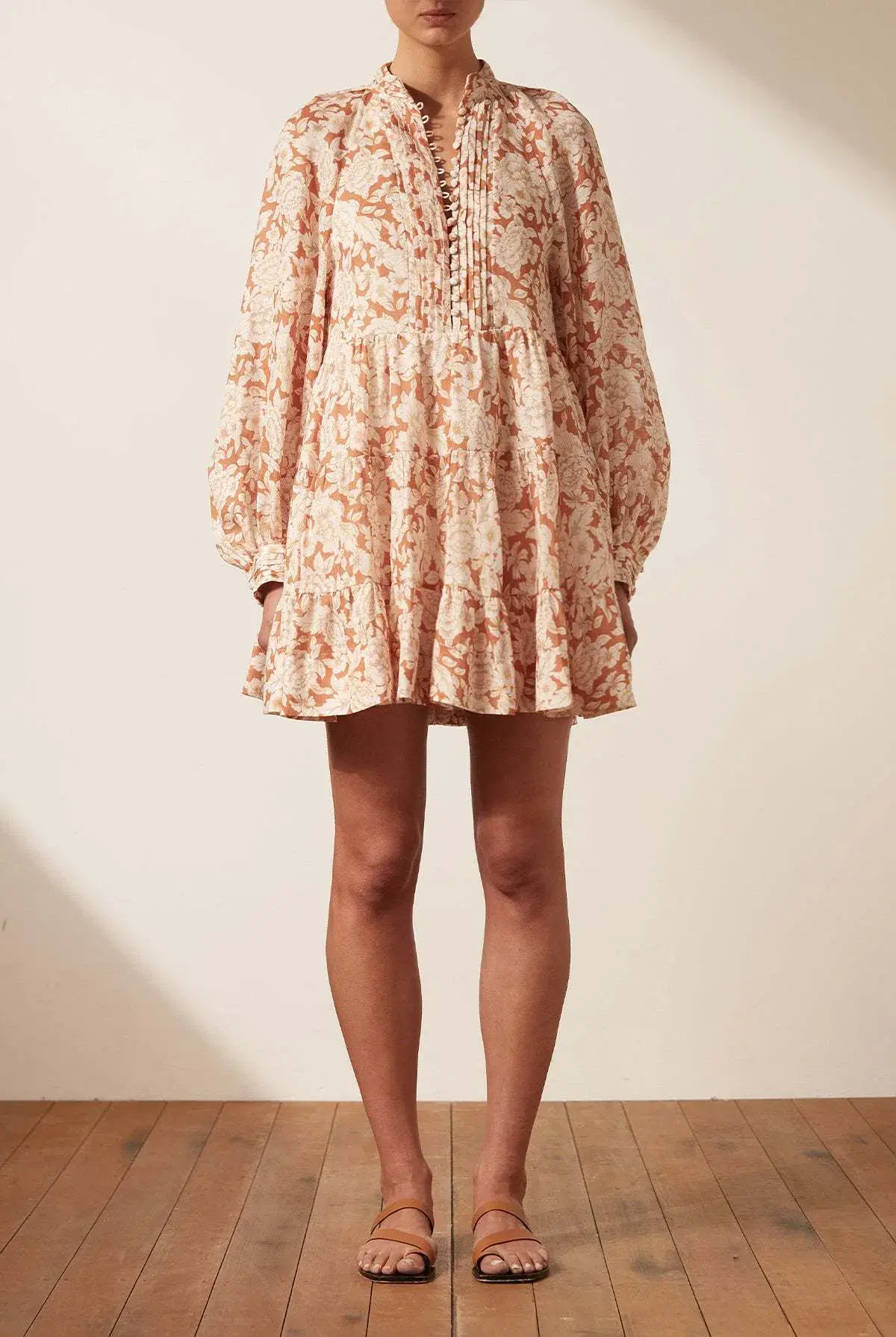 Shona Joy Flor Balloon Sleeve Pin Tuck Tiered Mini Dress Floral Size 6 - Image 2