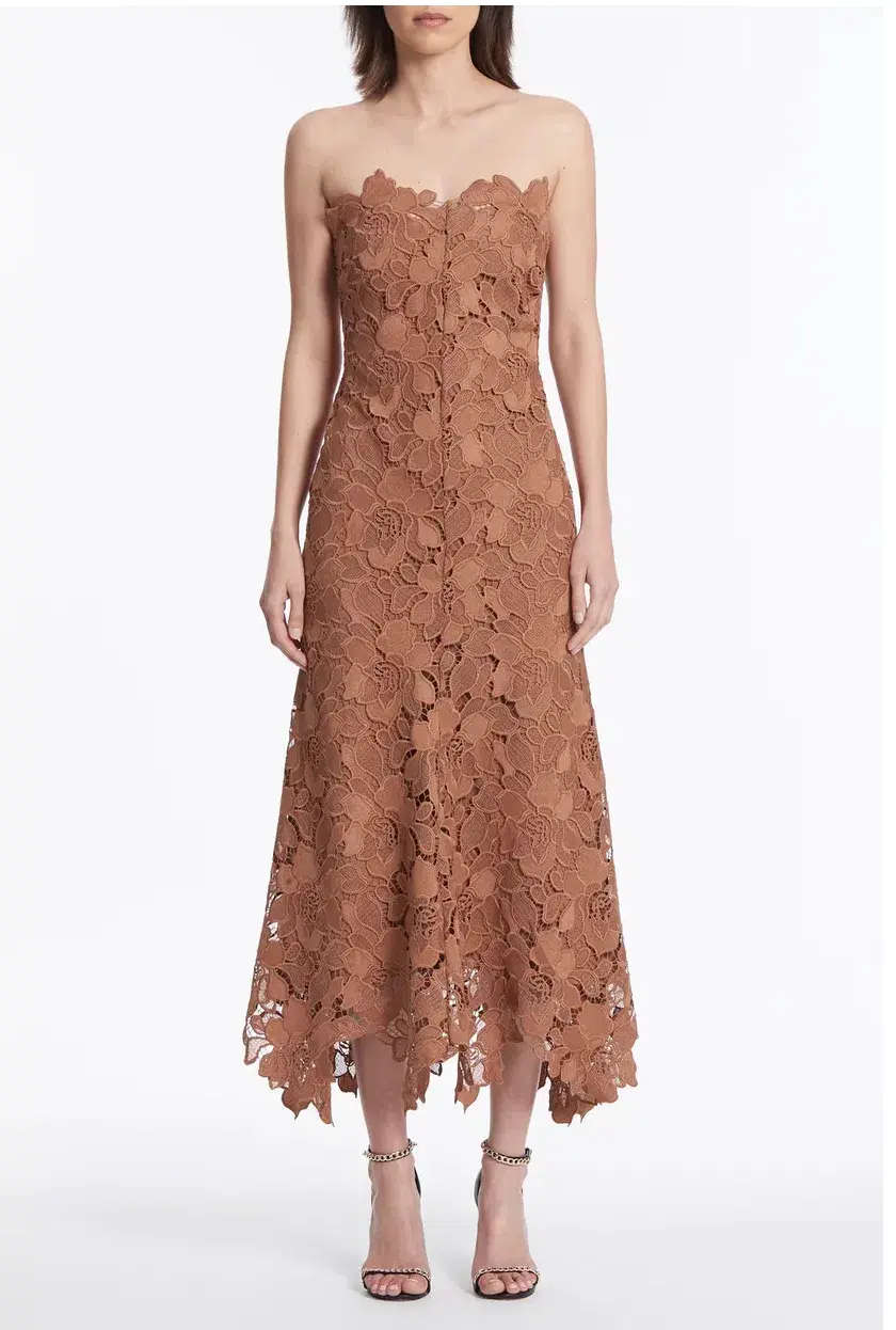 Carla Zampatti Rosewood Floral Lace Strapless Gown Brown Size 4 for rent on The Volte - main image