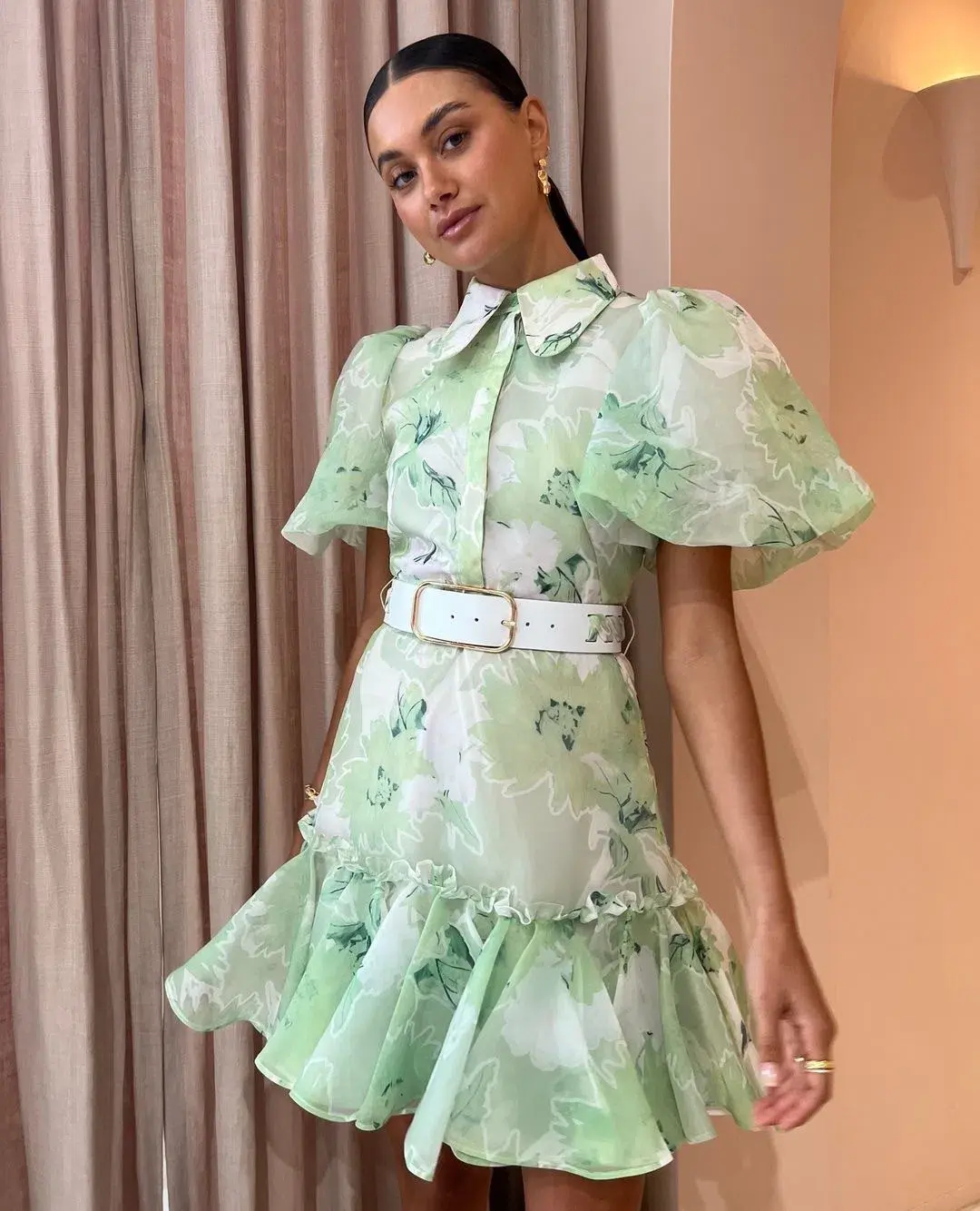 Leo Lin Sophie Bishop Sleeve Mini Dress Jasmine Print in Sage Size 10 - Image 2