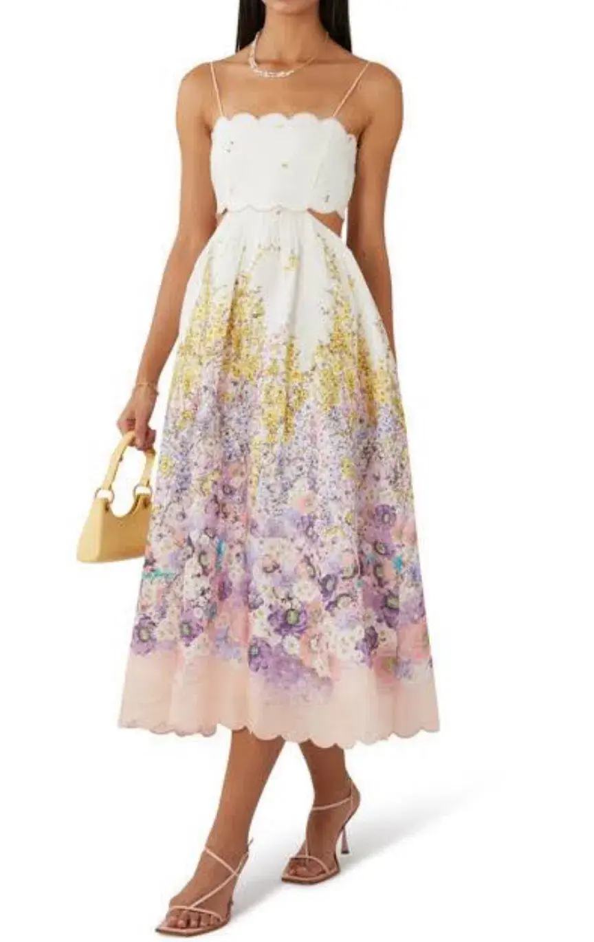 Zimmermann Jude Scallop Midi Dress Peach Gradient Floral Size 0P / AU 6 - Image 3