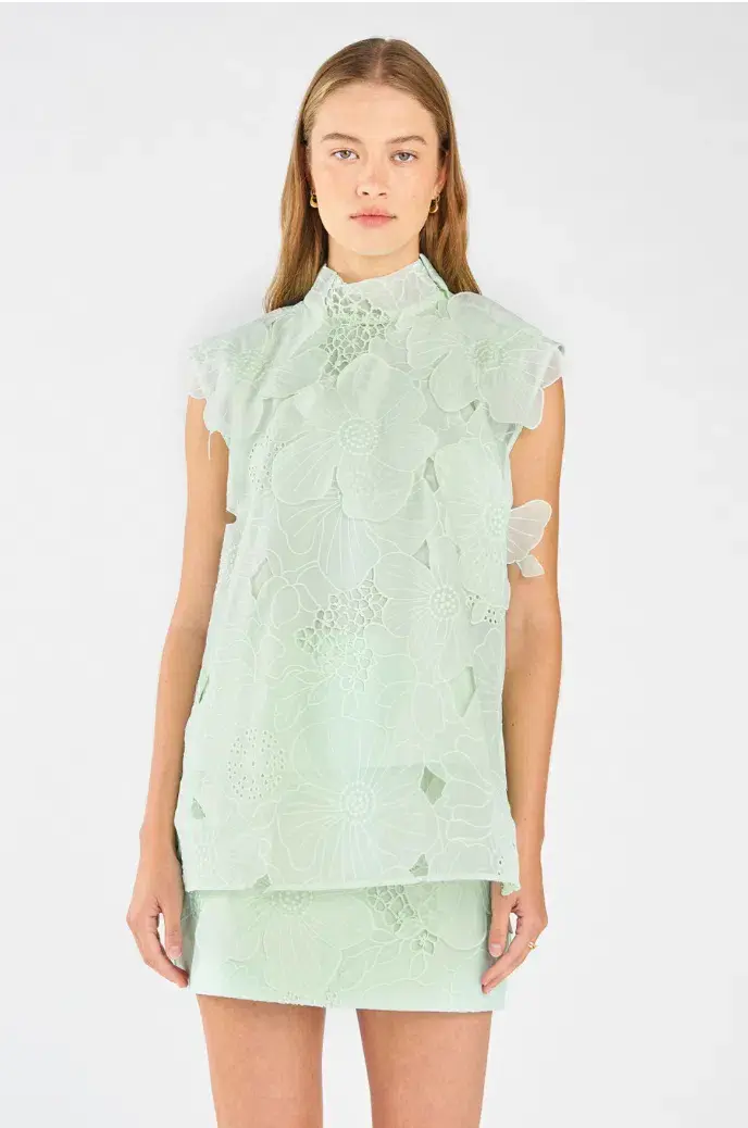 Oroton Tie Neck Lace Top Size AU 8 & Lace Mini Skirt Size AU 10 Set Sea Spray - Image 2