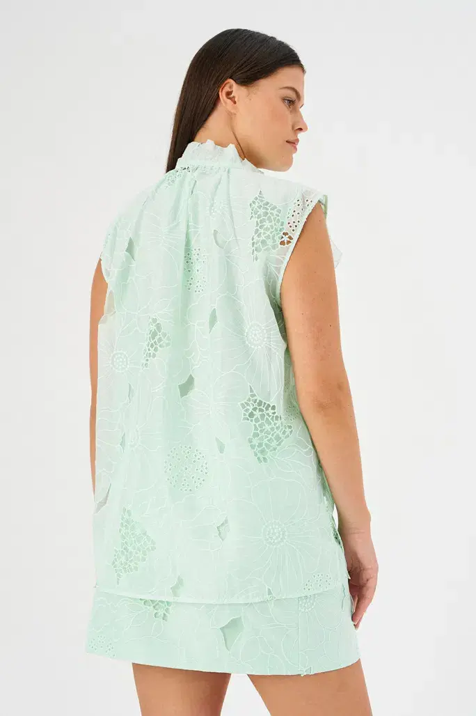 Oroton Tie Neck Lace Top Size AU 8 & Lace Mini Skirt Size AU 10 Set Sea Spray - Image 5