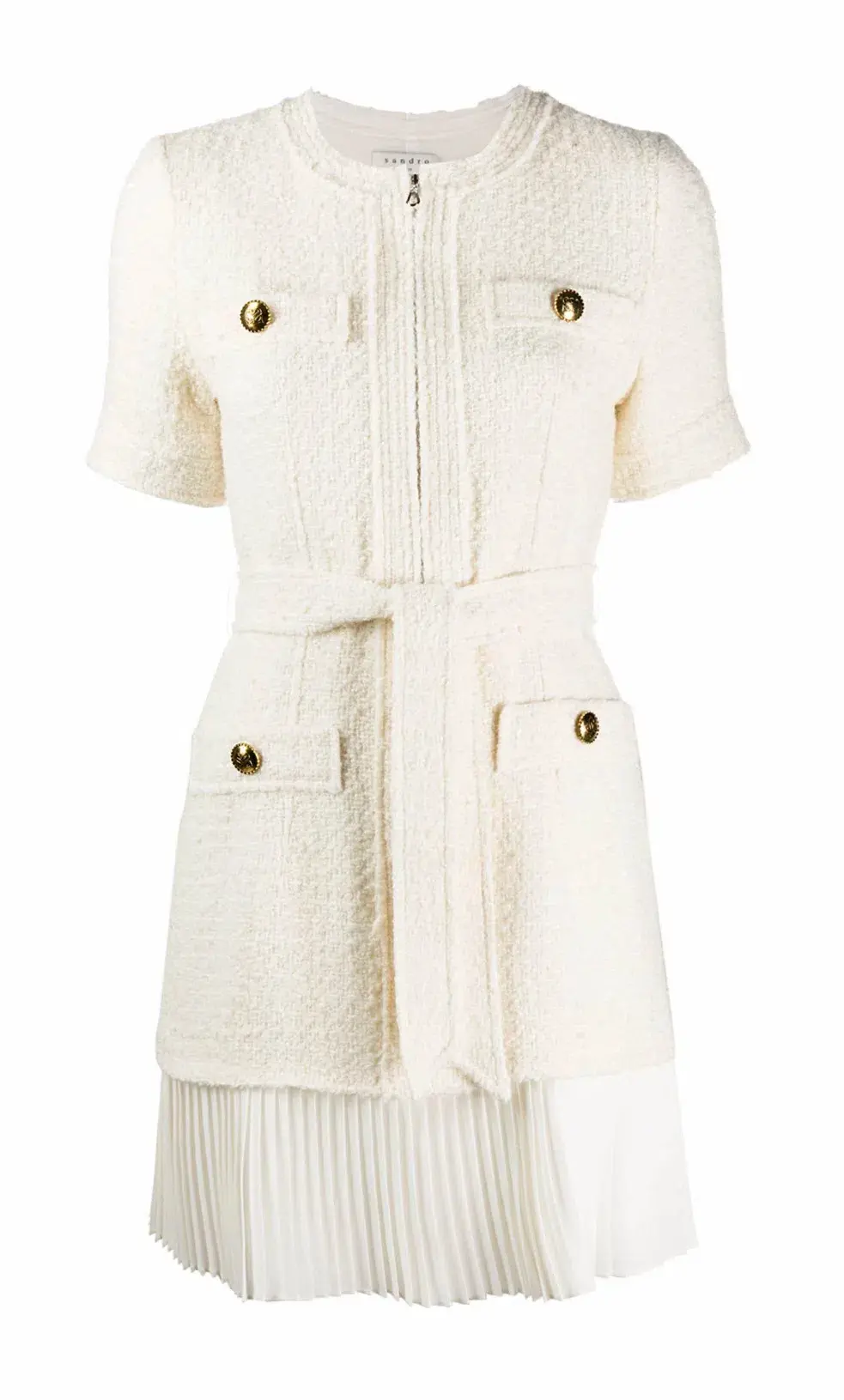 Sandro Tweed Pleated Trim Mini Dress in Ecru Size 34 FR / 6 AU - Image 4