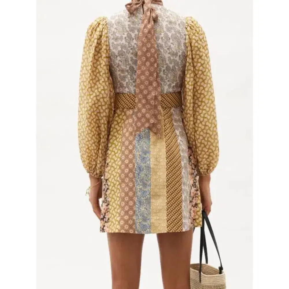 Zimmermann High Neck Patchwork Linen Mini Dress Brown Stripe Size 1 / AU 10 - Image 3