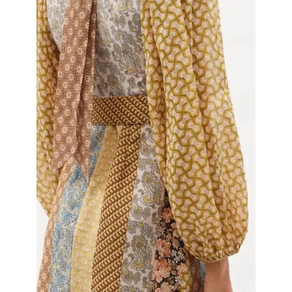 Zimmermann High Neck Patchwork Linen Mini Dress Brown Stripe Size 1 / AU 10 - Image 4
