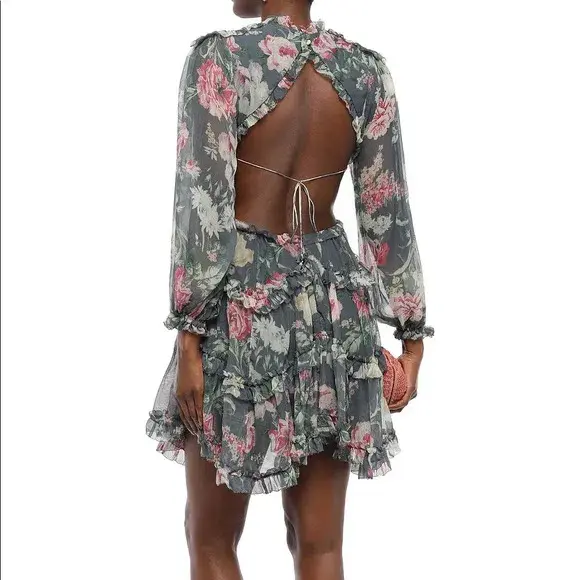 Zimmermann Iris Corsair Open-Back Ruffled Silk Mini Dress Floral Size 1 / AU 10 - Image 2
