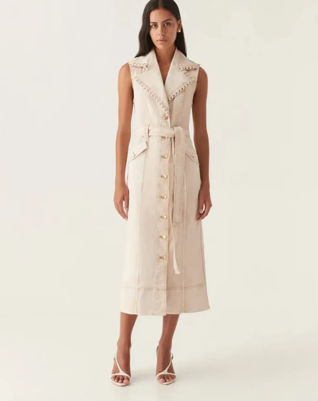 Aje Lorah Denim Midi Dress Sand Size 10  for rent on The Volte - main image