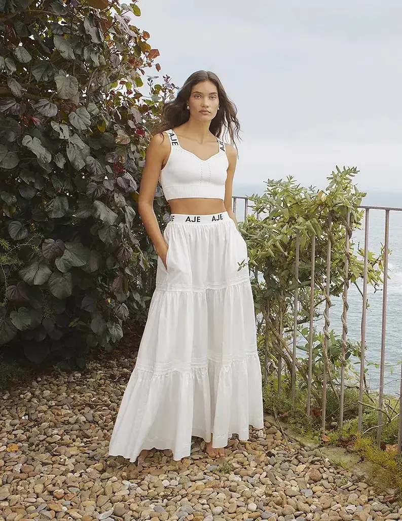 Aje Bardot Logo Tiered Midi Skirt White Size 6 - Image 1