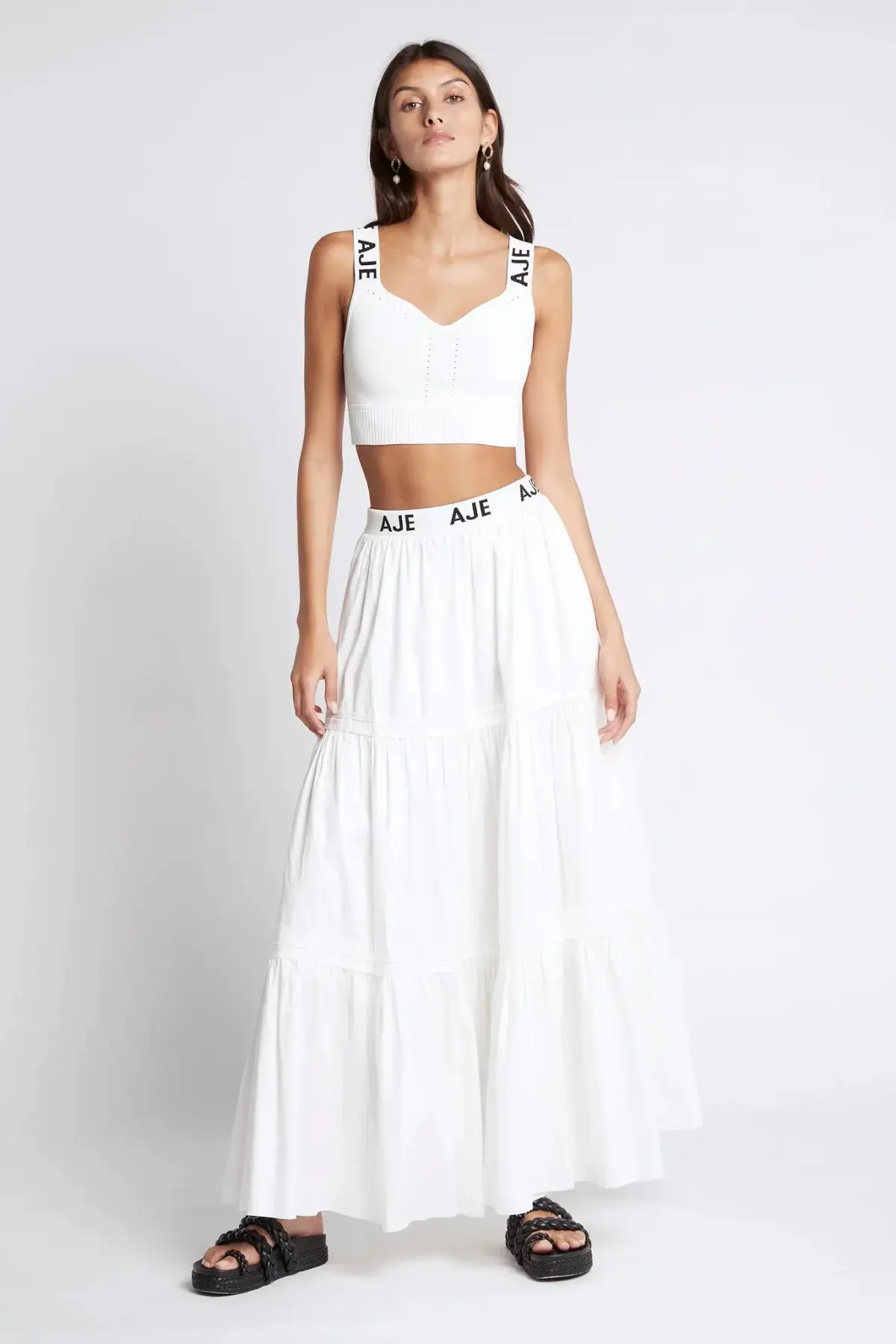 Aje Bardot Logo Tiered Midi Skirt White Size 6 - Image 2