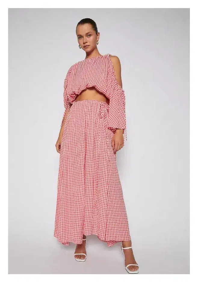 Scanlan Theodore Gingham Drawcord Top and Skirt Set Red Print One Size - Image 1