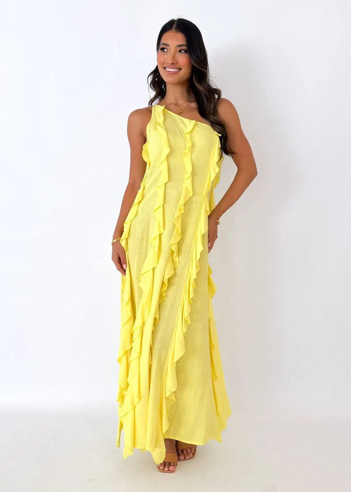Gingham & Heels Madro One Shoulder Midi Dress Lemon Size 8 - Image 1