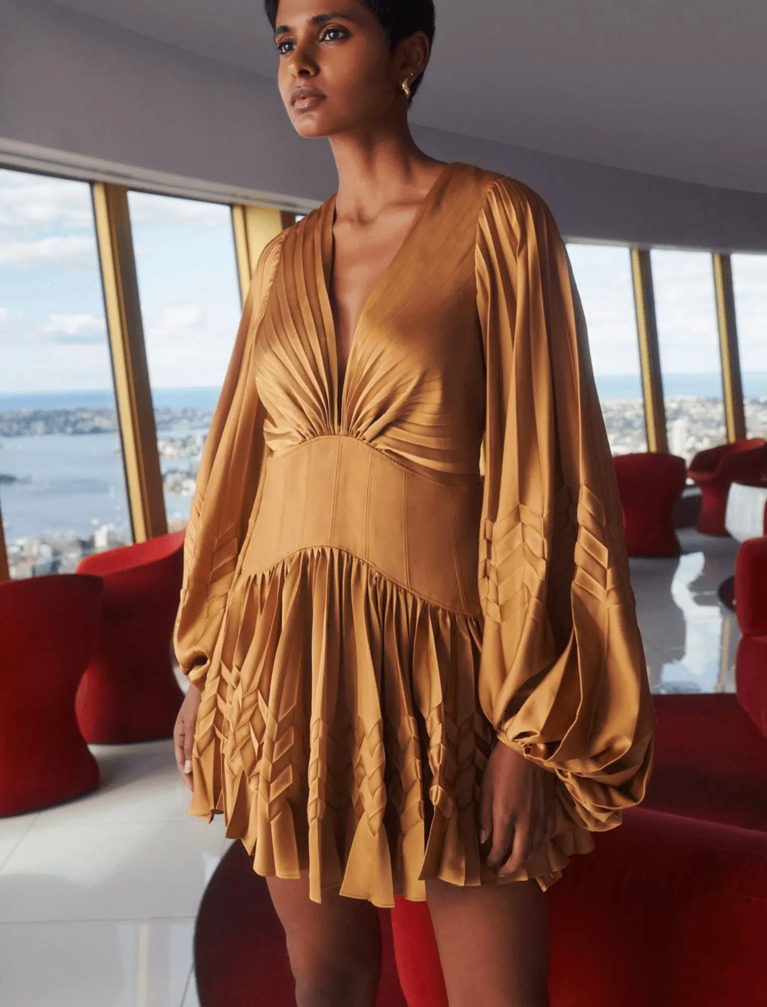 Acler Marion Flutter Sleeve Mini Dress in Caramel Size 8 - Image 4