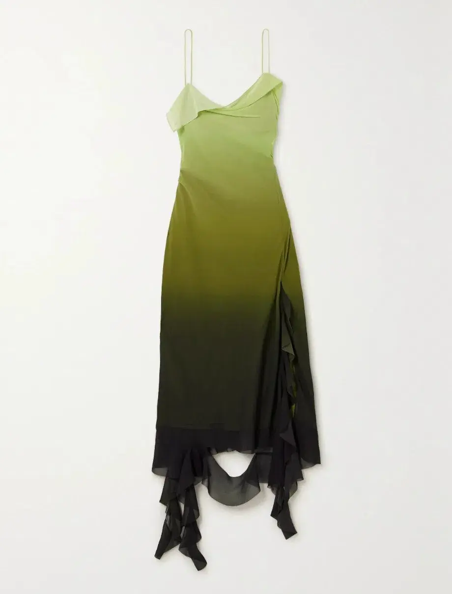 Acne Studios Asymmetric Ruffled Ombré Chiffon Midi Dress Green Size 10 - Image 4