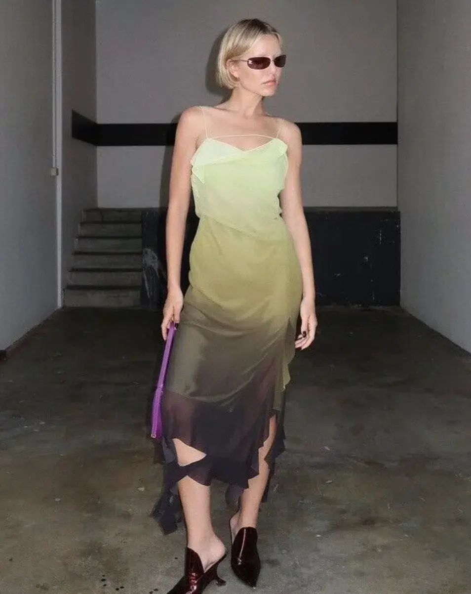 Acne Studios Asymmetric Ruffled Ombré Chiffon Midi Dress Green Size 10 for rent on The Volte - main image