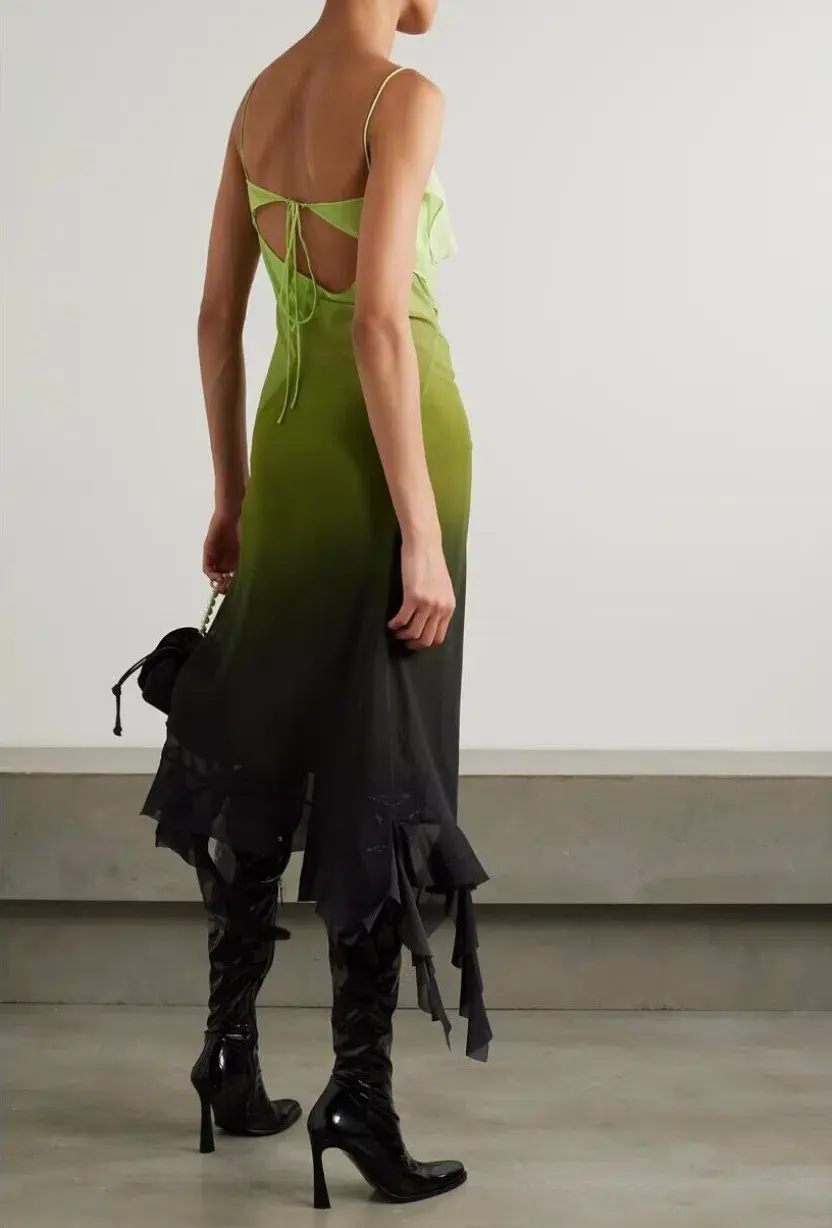 Acne Studios Asymmetric Ruffled Ombré Chiffon Midi Dress Green Size 10 for rent on The Volte - main image