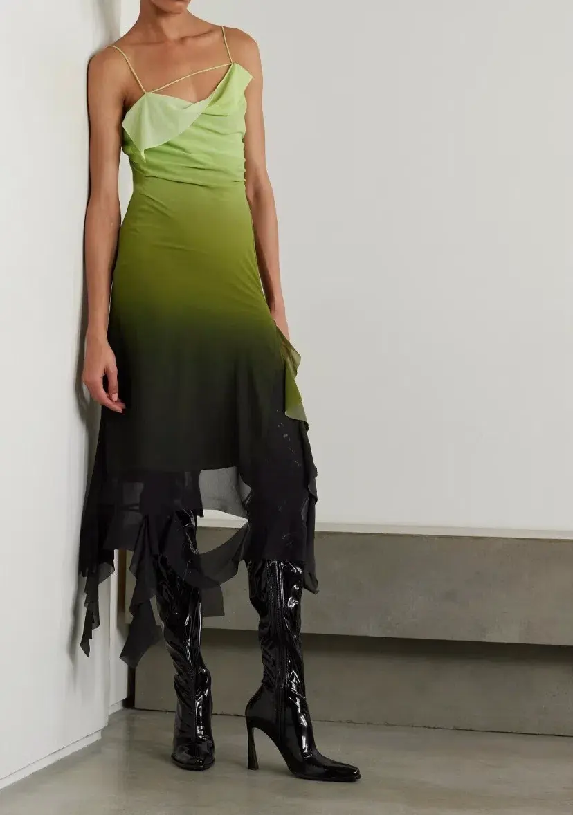 Acne Studios Asymmetric Ruffled Ombré Chiffon Midi Dress Green Size 10 for rent on The Volte - main image