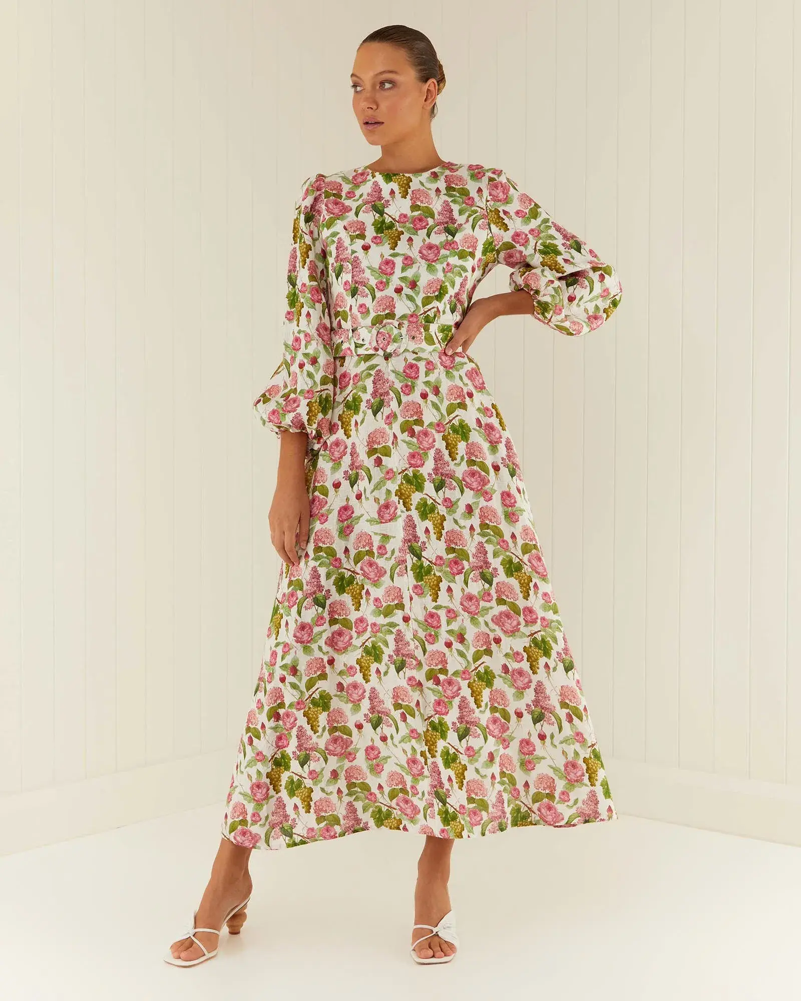Palm Noosa Melrose Linen Long Sleeve Dress Pink Blooms Print Size 14 - Image 1