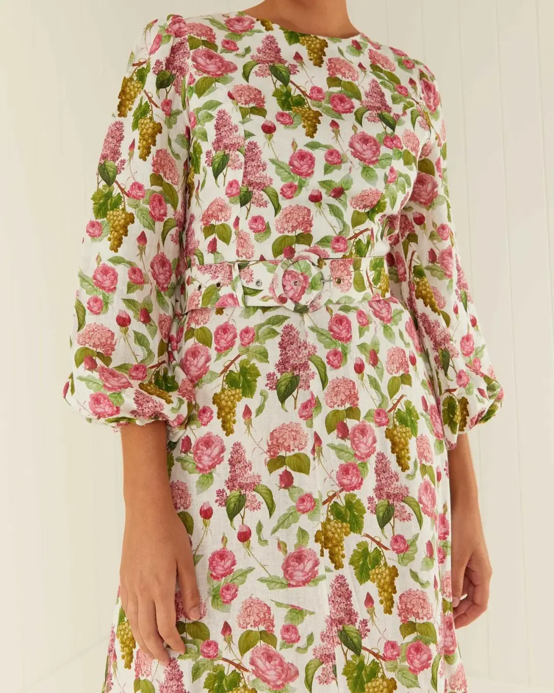 Palm Noosa Melrose Linen Long Sleeve Dress Pink Blooms Print Size 14 for rent on The Volte - main image