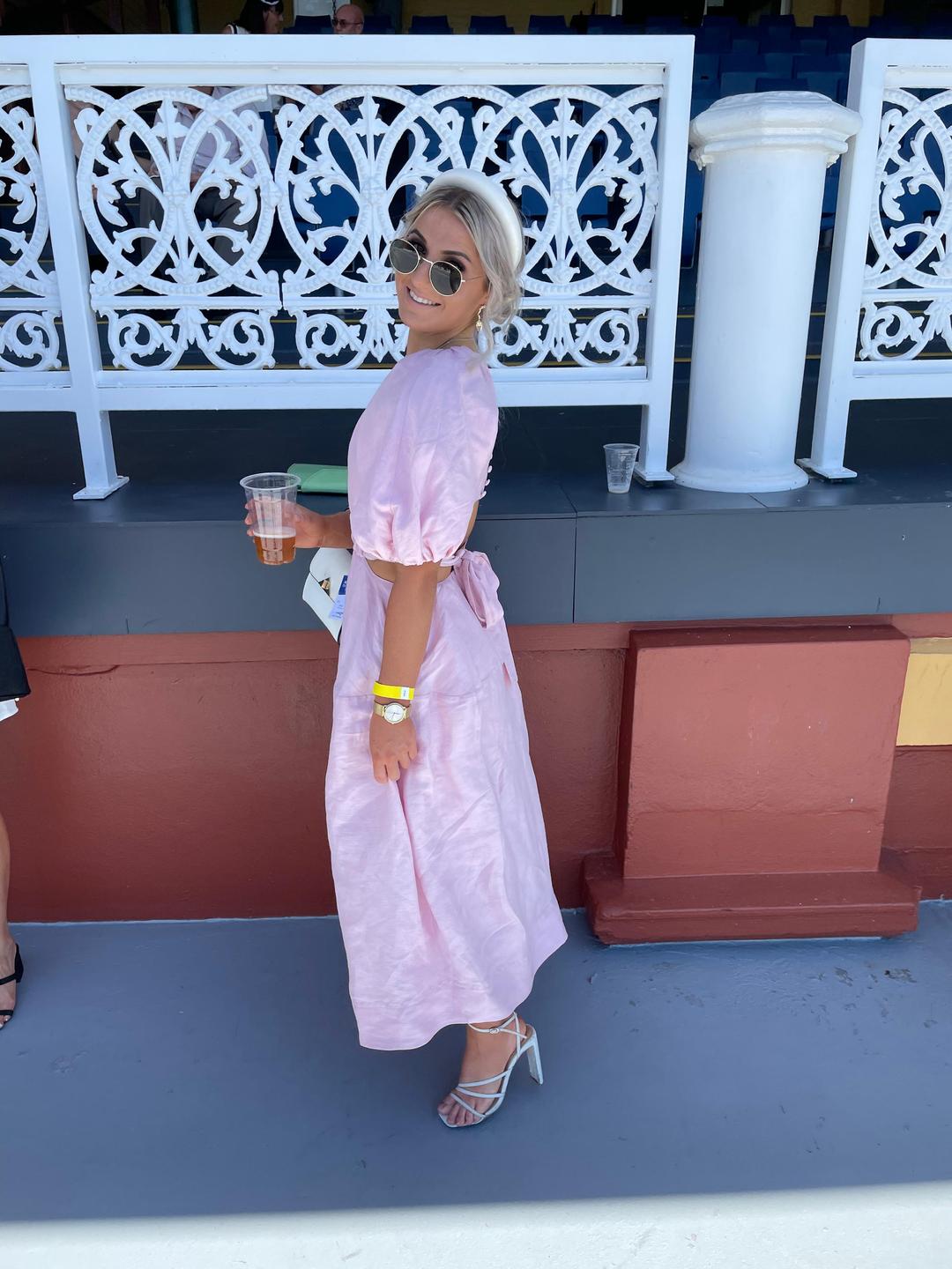 Aje Mimosa Cutout Midi Dress Pink Size 4 for rent on The Volte - main image